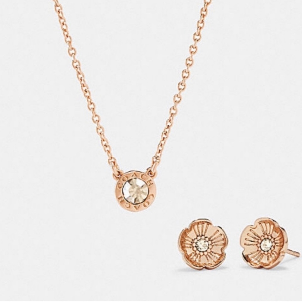 Coach Rose Gold Open Circle Pendant Necklace & Flower Earrings Set